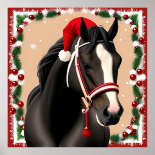 Poster Cavalo Usando Chapéu Festivo de Papai Noel no Nata