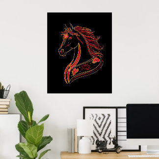 Poster Cavalo Vermelho e Dourado com Lótus, Simbólico Esp