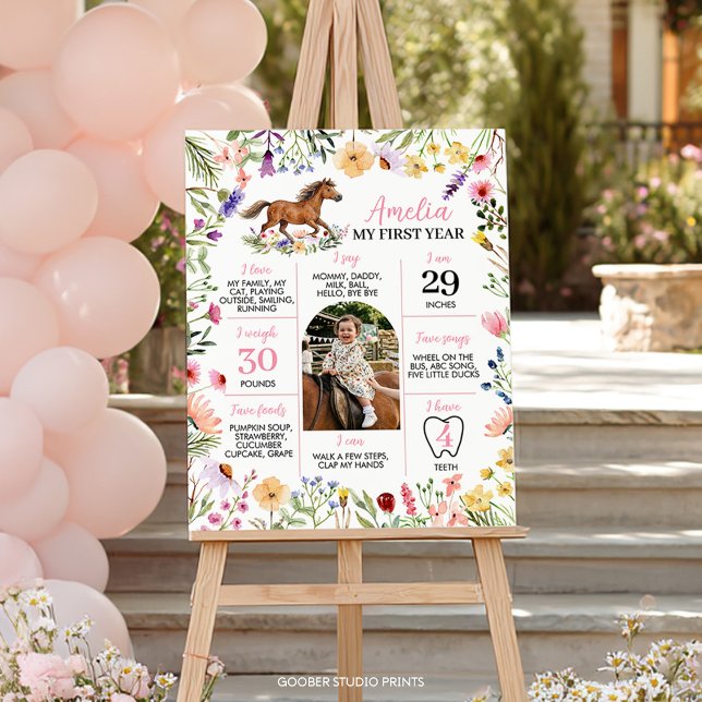 Poster Cavalo Wildflower Primeiro Ano Foto Milestone Post (Criador carregado)