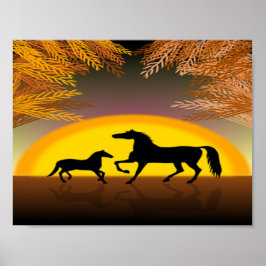 Poster cavalos ao pôr do sol