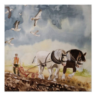 Pôster Cavalos Arando Aquarela
