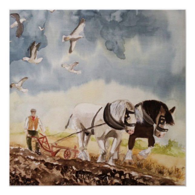 Pôster Cavalos Arando Aquarela (Frente)