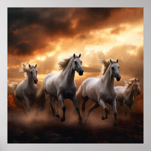 Poster cavalos brancos no pôr do sol