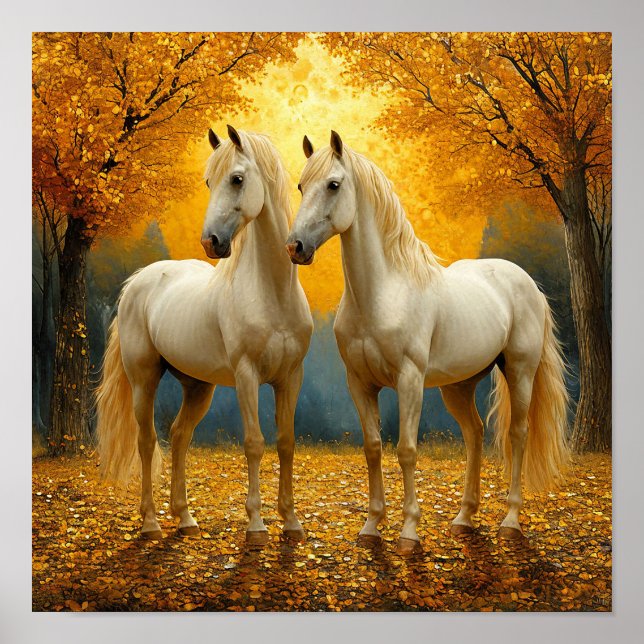 Poster Cavalos Brancos Paisagem Floresta Outono Romântico (Frente)