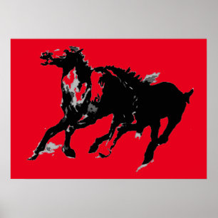 Poster Cavalos correndo Pop vermelho preto Silhouettes