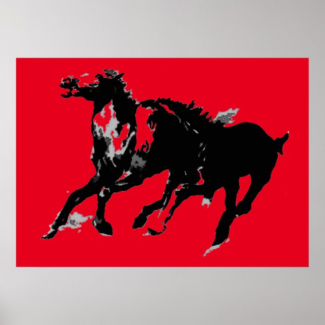 Poster Cavalos correndo Pop vermelho preto Silhouettes (Frente)