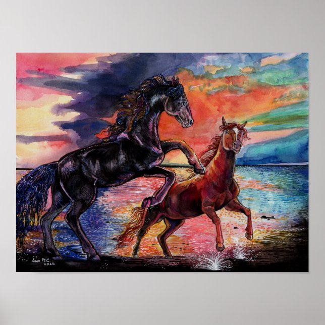 Poster Cavalos de Aquarelas do Céu Sem Fim (Frente)