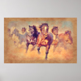 Poster Cavalos de Mustang Selvagem Embripeja Aquarela