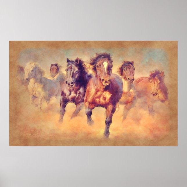 Poster Cavalos de Mustang Selvagem Embripeja Aquarela (Frente)