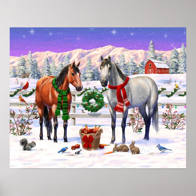Poster Cavalos de Natal na neve (Frente)
