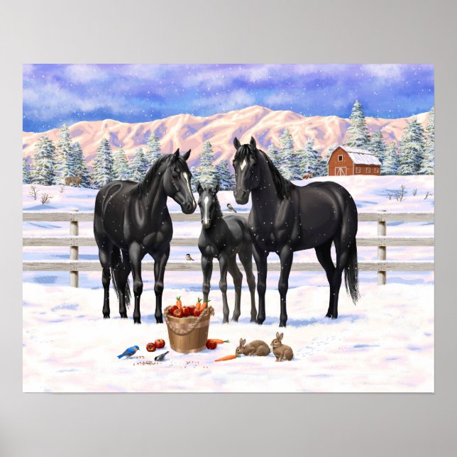 Poster Cavalos Do Quarto Negro Na Neve (Frente)