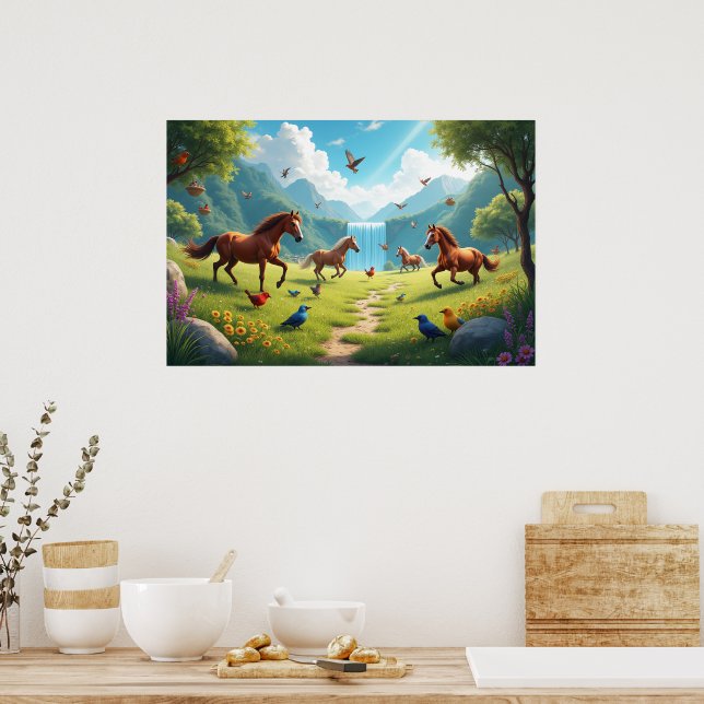 Poster Cavalos e Pássaros Brincalhões em Prado Exuberante (Cozinha)