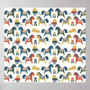 Poster Cavalos Escandinavos: Arte Folclórica Colorida