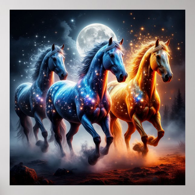 Poster Cavalos Majestosos com Padrões Celestiais (Frente)
