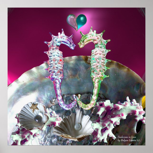 PÔSTER CAVALOS-MARINHOS APAIXONADOS, MÃE-PEROLA AZUL TEAL (Frente)