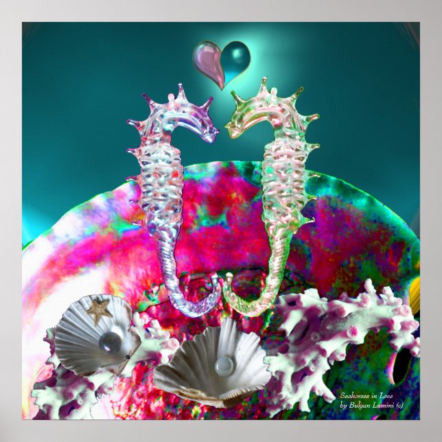 PÔSTER CAVALOS-MARINHOS APAIXONADOS, MÃE-PÉROLA ROSA AZUL (Frente)