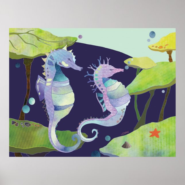 Pôster Cavalos-Marinhos Azuis e Roxos Sob o Mar (Frente)