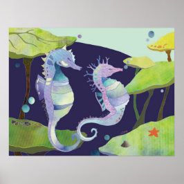 Pôster Cavalos-Marinhos Azuis Roxos Sob o Mar