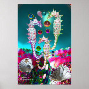 PÔSTER CAVALOS-MARINHOS, ROSA TEAL AZUL MÃE DE PÉROLA