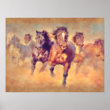 Cavalos Mustang Selvagens Estampam Aquarela