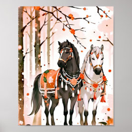 Poster Cavalos numa Floresta Vermelha
