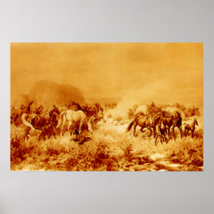 Pôster CAVALOS PASTANDO Laranja Sepia Marrom Amarelo Anti
