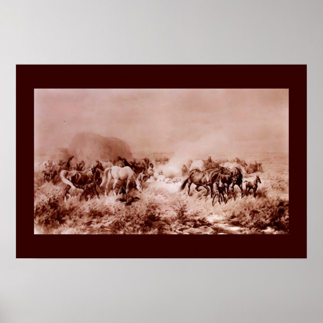 Poster CAVALOS PASTANDO Marrom Antigo ,Sépia (Frente)