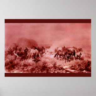 Pôster CAVALOS PASTANDO Rosa Vermelho Antigo