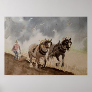 Pôster Cavalos Pesados Voando sob um céu pesado