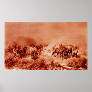 Poster CAVALOS PRENDENTES A Rosa Vermelho Antigo