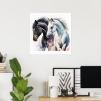 Cavalos Pretos e Brancos em Aquarela