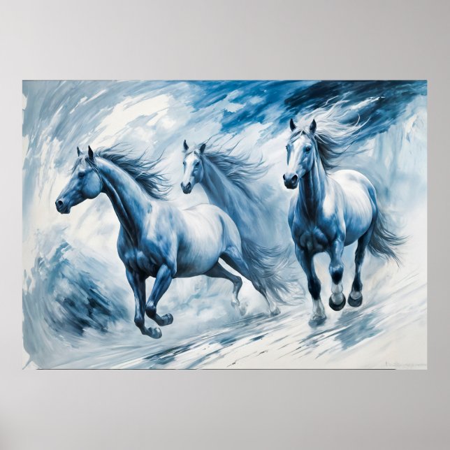 Poster Cavalos Selvagens Atravessando Ondas (Frente)