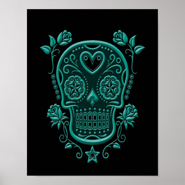 Poster Caveira Azul Teal com Rosas em Preto (Frente)