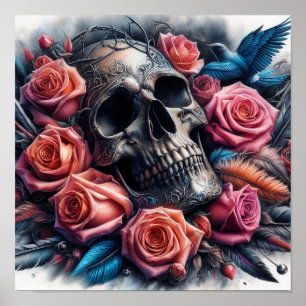 Poster Caveira com Rosas e Bluebird