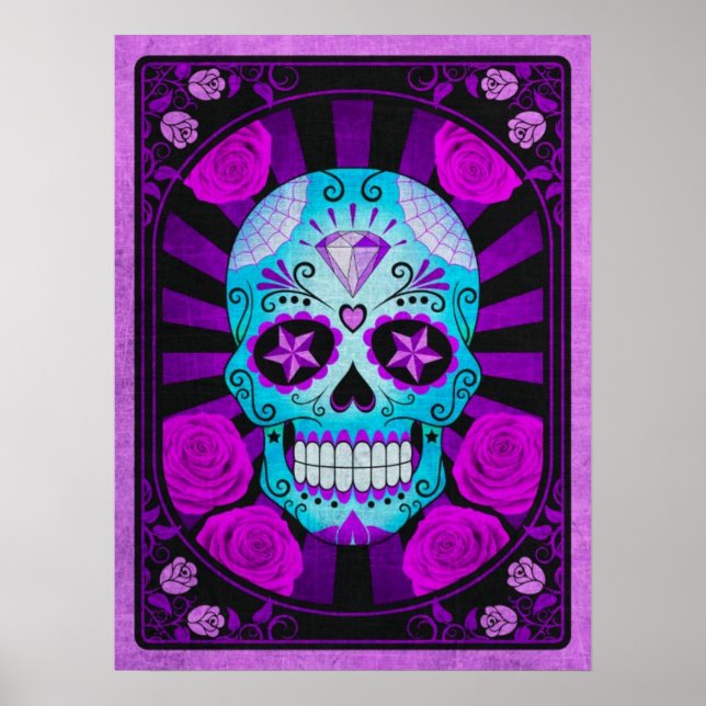 Poster Caveira de Açúcar Azul e Púrpura, com Rosas (Frente)