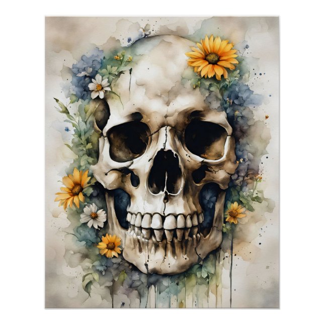 Pôster Caveira de Aquarela com Flores Selvagens (Frente)