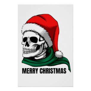 Pôster Caveira de Natal Gótica com Chapéu de Papai Noel –