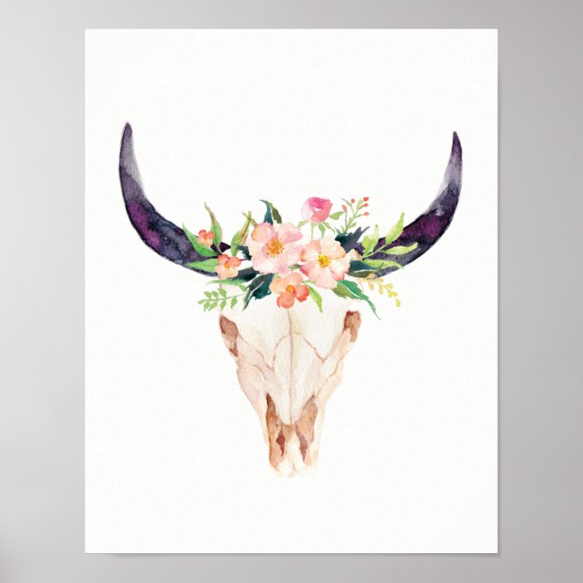 Pôster Caveira de Touro Aquarela com Flores Rosa (Frente)