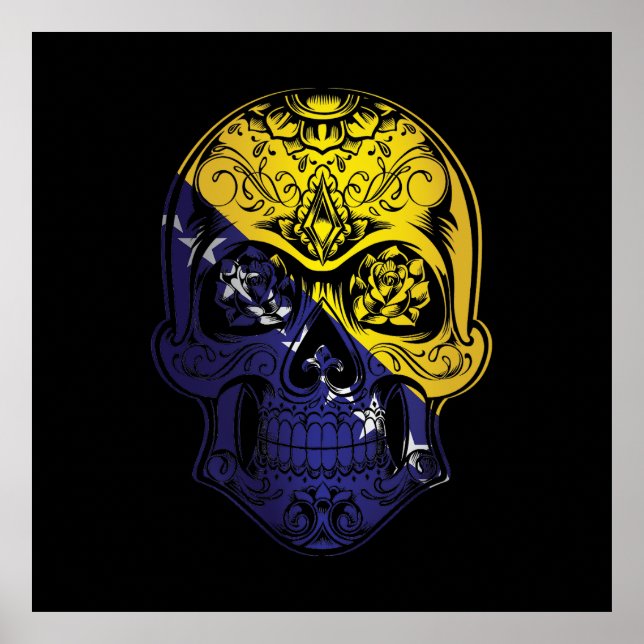 Poster Caveira E Bandeira Rosas Da Bósnia-Herzegovina (Frente)