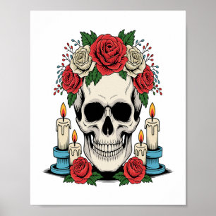 Poster Caveira Floral com Velas Halloween