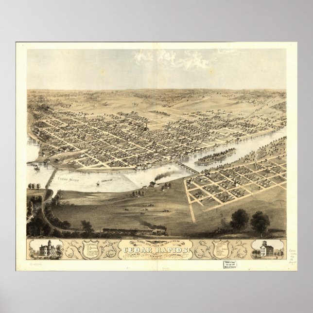 Pôster Cedar Rapids Iowa 1868 Mapa Panorâmico Antiquado (Frente)