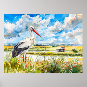 Poster Cegonha em Campos de Verão Havelland Estilo Aquare