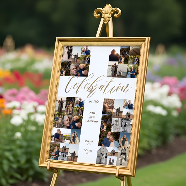 Poster Celebração da Vida Cruz Colagem de Fotos Funeral (Celebration of Life Cross Photo Collage Funeral Poster)