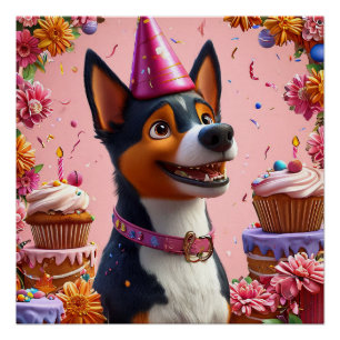 Pôster Celebração de Aniversário Com Cachorro Feliz