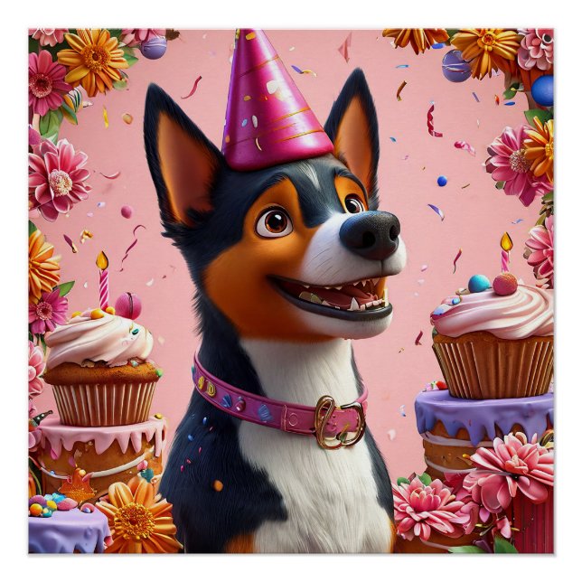 Pôster Celebração de Aniversário Com Cachorro Feliz (Frente)