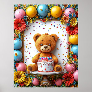 Poster Celebração de aniversário com ursinho de pelúcia a