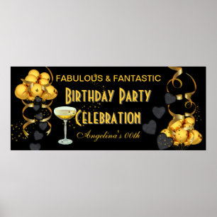 Pôster Celebração de Aniversário Faixa Preto Dourado