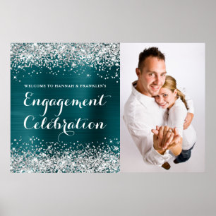 Poster Celebração de Engajamento em Azul Teal Prateado Br