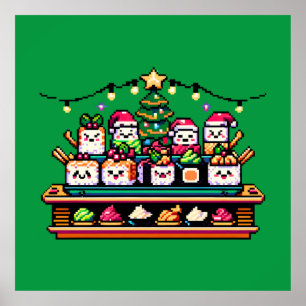Poster Celebração de Natal Sushi - Design de 8 bits festi