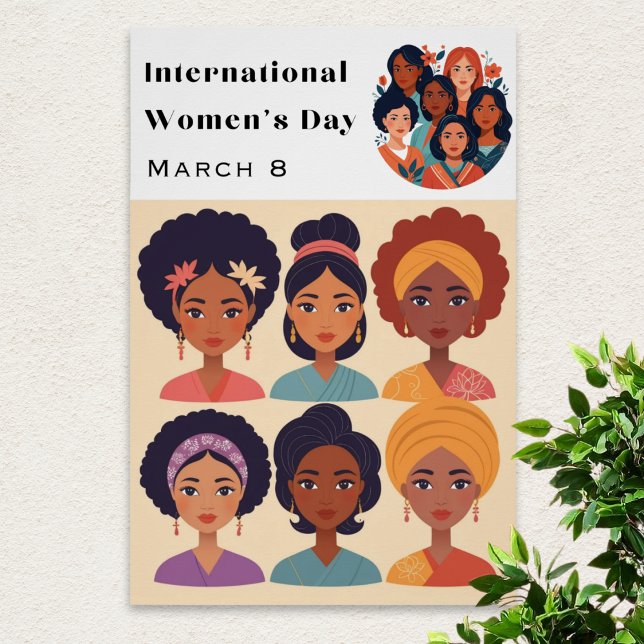 Pôster Celebração do Dia Internacional da Mulher 8 de Mar (A stylish poster for International Women's Day, with illustration of diverse women)
